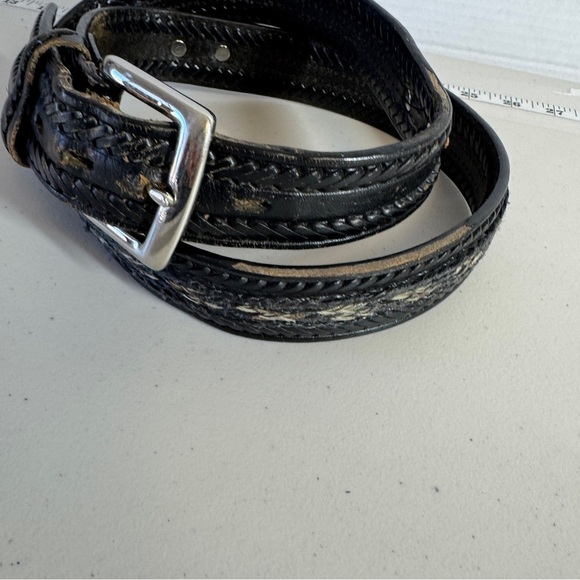 Vintage Western Rustic Tooled Leather Belt Black Silver Buckle Braided Sz 34 - Picture 4 of 16